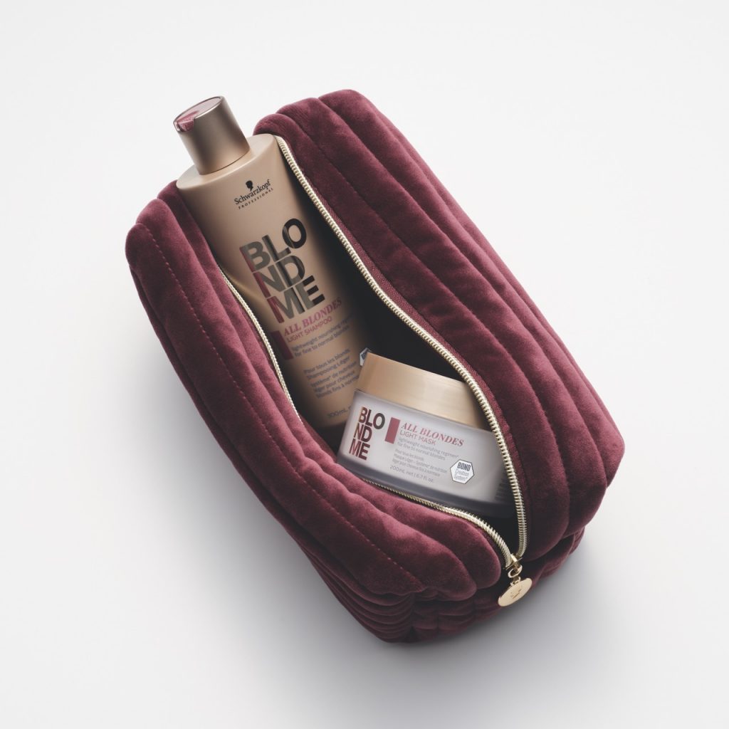 Schwarzkopf Professional BlondMe shampoo and conditioner in burgundy cosmetic bag